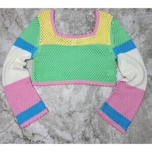 Women M Top Crop Knit Long Sleeve Crochet Patchwork Spring Festival Bohemian